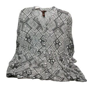 Bit & Bridle Womens Shirt Size 2XL 3/4 Sleeve Black White Geometric Print Tunic